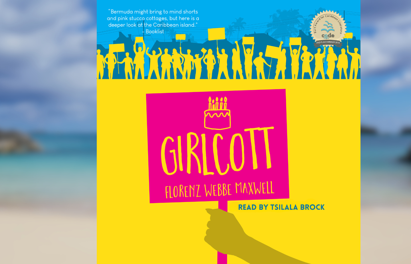 Girlcott audiobook cover in front of a Bermudian beach