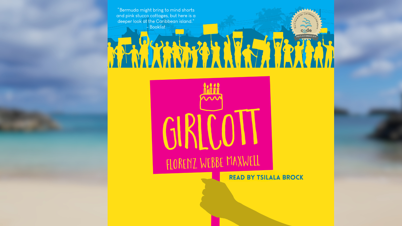 Girlcott audiobook cover in front of a Bermudian beach